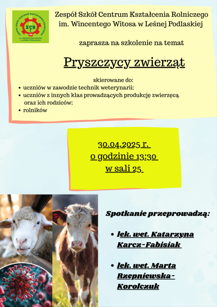 Plakat informacyjny o spotkaniu na temat pryszczycy zwierząt 30.04.2025 r.