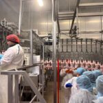 Uczniowie ZSCKR słuchają o specyfice pracy przy taśmie